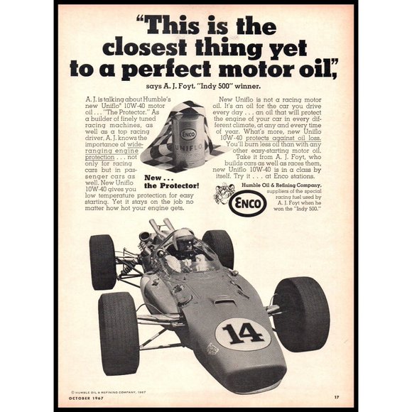 1967 Enco Uniflo Motor Oil Vintage Print Ad Indy Open Wheel Racing Wall Art - Picture 1 of 1